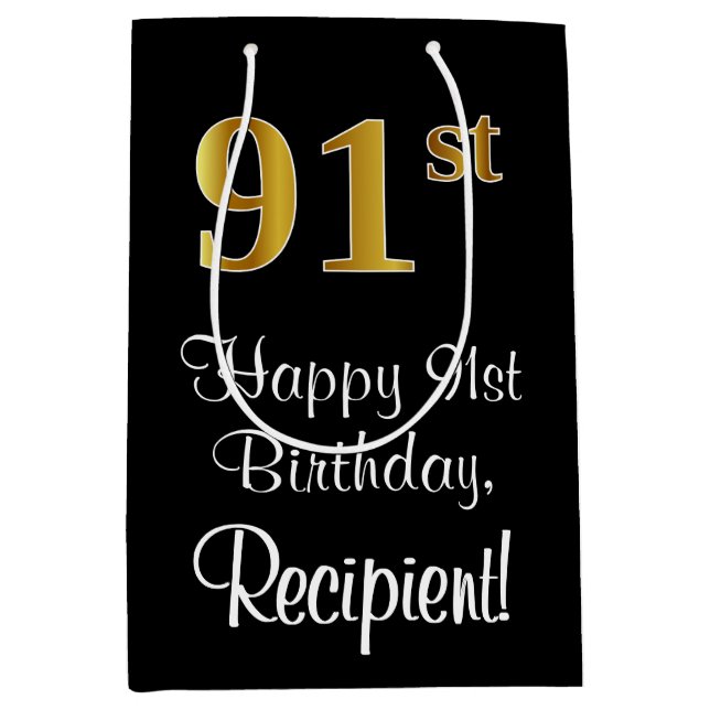 Luxurious, Elegant, Faux Gold Look 91st Birthday Medium Gift Bag (Front)