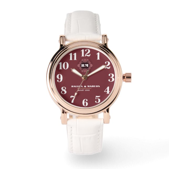  Luxurious Elegant Floral Monogram burgundy  Watch (Front)
