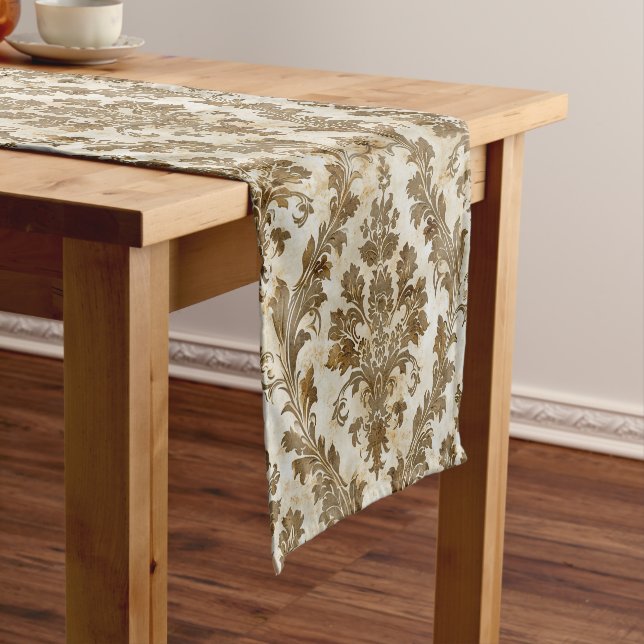 Luxurious Elegant Ivory Damask Short Table Runner (In Situ)