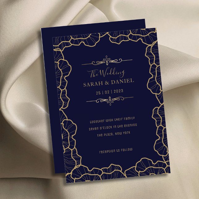 Luxurious Elegant Navy Blue Gold Flower Wedding Invitation (Luxurious Elegant Navy Blue Gold Flower Wedding Invitation)