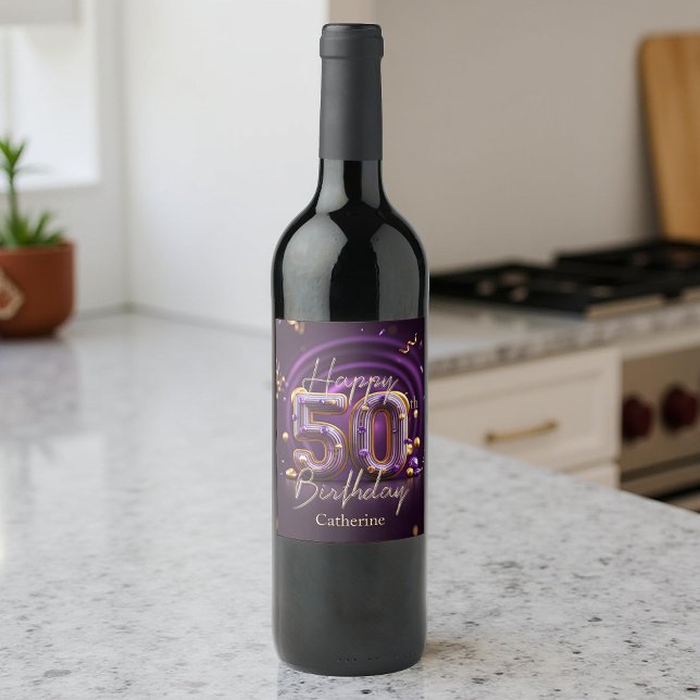 Luxurious Elegant Purple and Gold 50th Birthday Wine Label (Creator Uploaded)