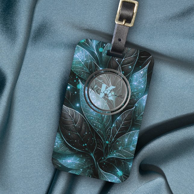 Luxurious Elegant Teal Black Glowing Foliage  Luggage Tag (Creator Uploaded)