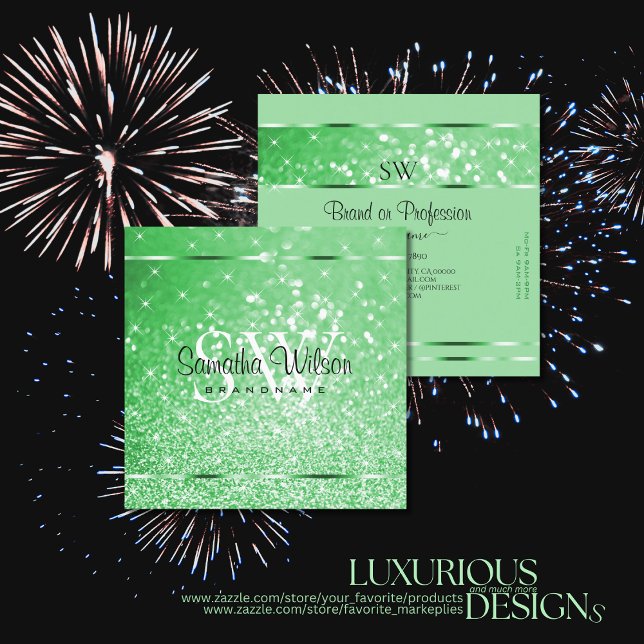 Luxurious Emerald Green Glitter Stars and Monogram Square Business Card (Creator Uploaded)