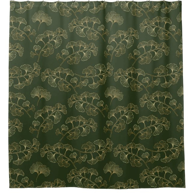 Luxurious Emerald Green Gold Botanical Leaf Shower Curtain (Front)