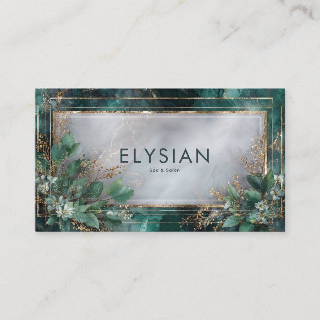 Luxurious Emerald Green Marble & Botanical Gold Business Card (Front)