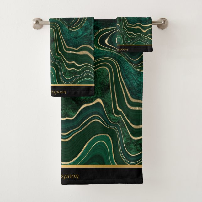LUXURIOUS EMERALD GREEN MARBLE GOLD CUSTOM  BATH TOWEL SET (Insitu)