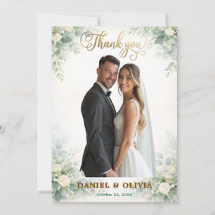 Luxurious Eucalyptus Greenery Gold Overlay Photo Thank You Card