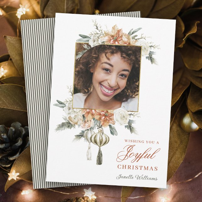 Luxurious Feminine Floral Photo Holiday Card (Personalize this holiday card with your photo for a beautifully feminine holiday greeting.)