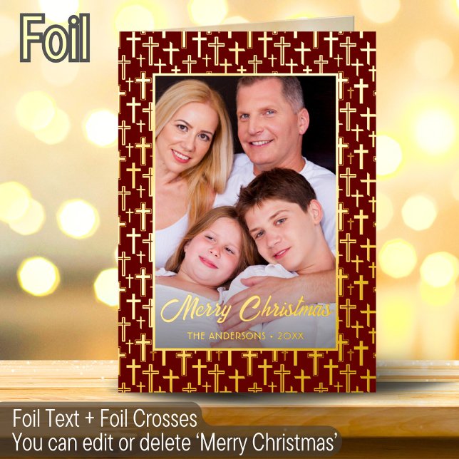 Luxurious Festive Burgundy Red and Gold Crosses Foil Holiday Card (Creator Uploaded)