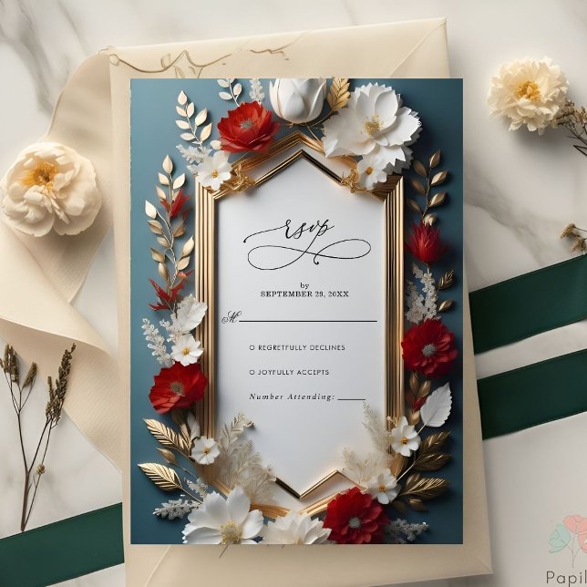 Luxurious Floral motif with Golden Leaves Wedding RSVP Card (Creator Uploaded)