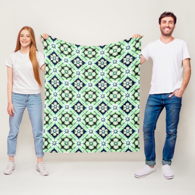 Luxurious Floral Tile Pattern With Blue Green Bead Fleece Blanket (In Situ)