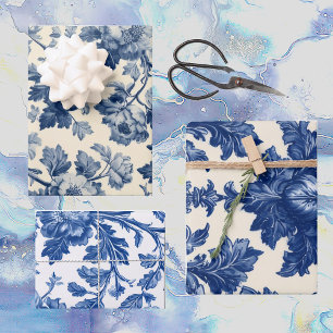 Luxurious French Toile Dreamy Blue Engraved Floral Wrapping Paper Sheet