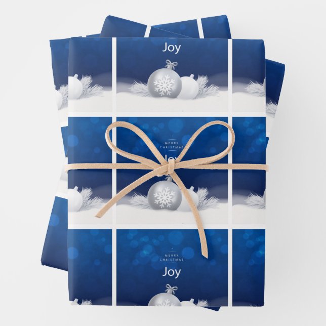 Luxurious gift wrap blue white snowflake joy (In situ)