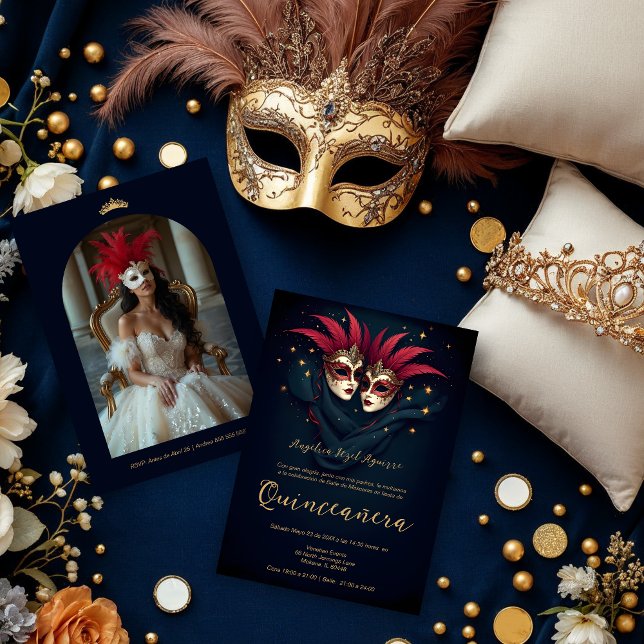 Luxurious Glam Venetian Mask Quinceañera Party Invitation (Luxurious Glam Two ornate Venetian masks with gold and feather accents set against a dark background)