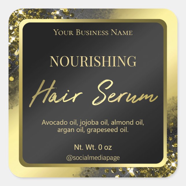Luxurious Glitter And Foil Gold Hair Serum Labels (Front)
