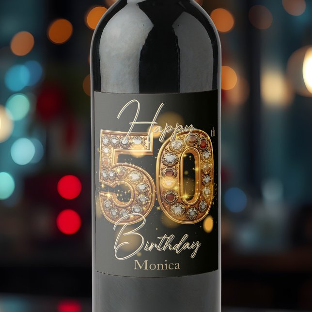 Luxurious Gold and Black Gemstone 50th Birthday Wine Label (Creator Uploaded)