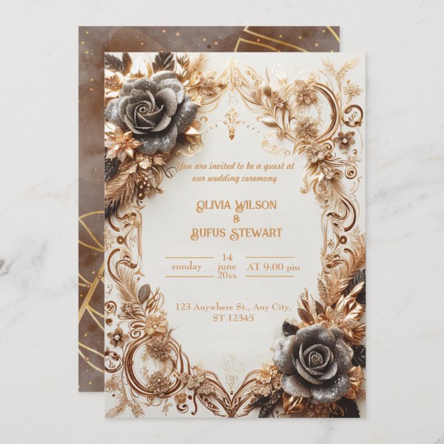  Luxurious Gold and Black Rose Wedding Invitation (Front/Back)