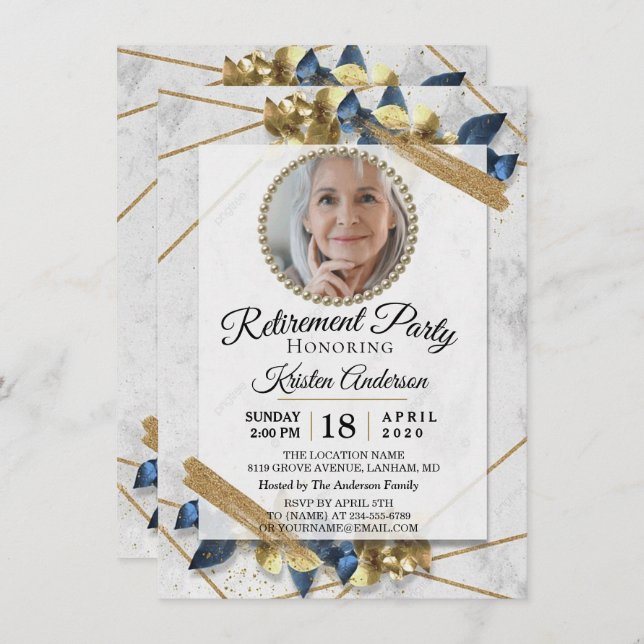 Luxurious Gold and Blue Ribbon Retirement Party  Invitation (Front/Back)