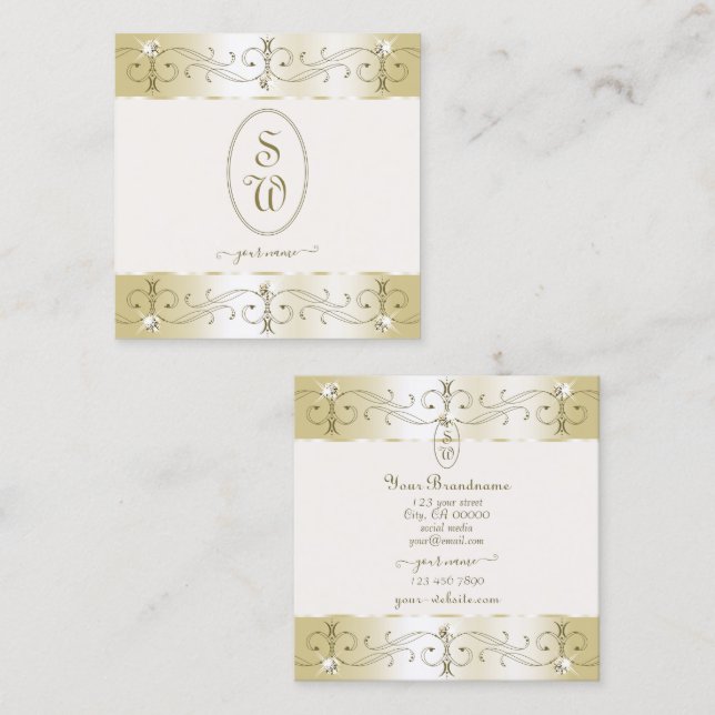 Luxurious Gold and Cream Ornate Ornaments Monogram Square Business Card (Front/Back)