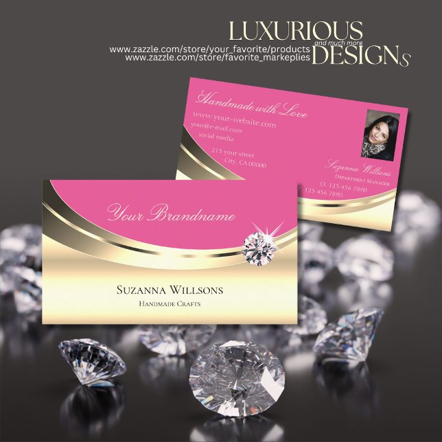 Luxurious Gold and Pink with Photo Sparkle Diamond Business Card (Creator Uploaded)