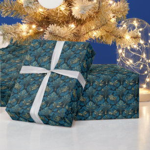 Luxurious Gold and Teal Blue Abstract Leaf Elegant Wrapping Paper
