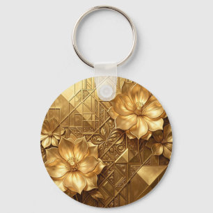 Luxurious Gold Art Deco Floral Embossed Pattern Key Ring
