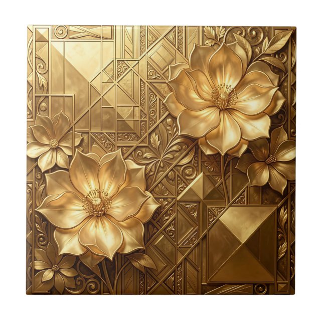 Luxurious Gold Art Deco Floral Embossed Pattern Tile (Front)
