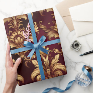 Luxurious Gold Baroque Pattern on Deep Burgundy Wrapping Paper