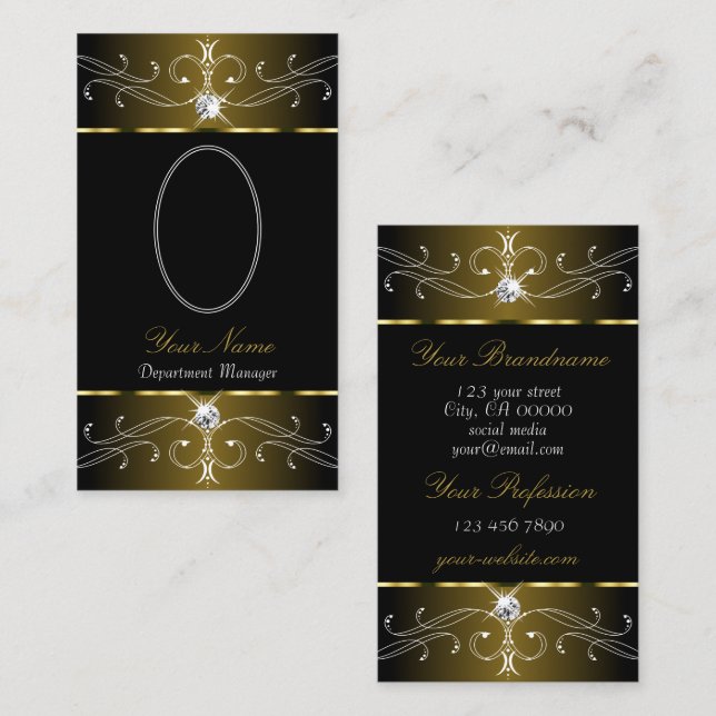 Luxurious Gold Black Ornate Ornaments with Photo Business Card (Front/Back)