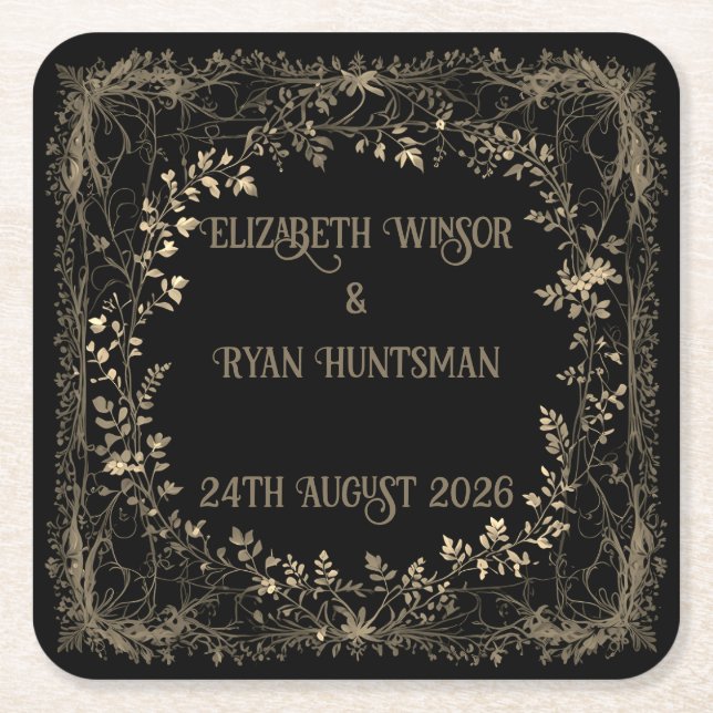 Luxurious Gold & Black Sepia Floral Finish Square Paper Coaster (Front)