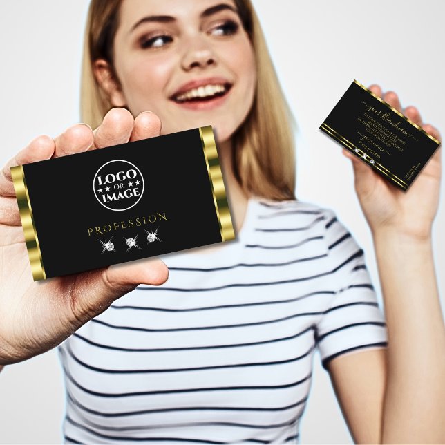 Luxurious Gold Black Sparkling Diamonds with Logo Business Card (Creator Uploaded)