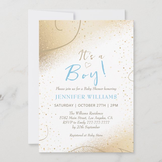 Luxurious Gold & Blue Boy Baby Shower Invitation (Front)