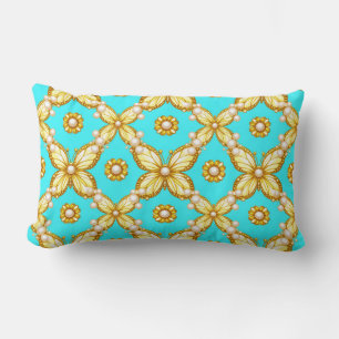 Luxurious Gold Butterfly Pattern With Pearl Accent Lumbar Cushion