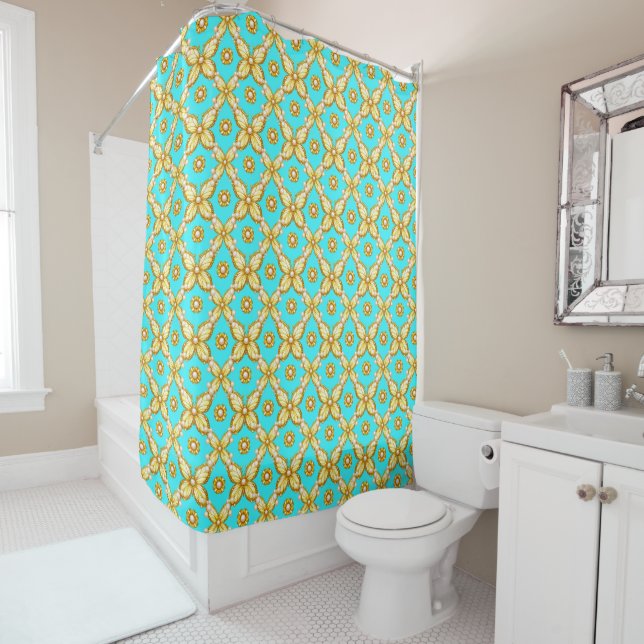 Luxurious Gold Butterfly Pattern With Pearl Accent Shower Curtain (In Situ)