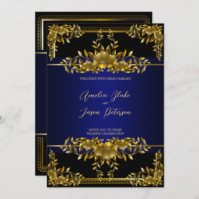 Luxurious Gold Carving Floral | Blue Black Invitation (Front/Back)