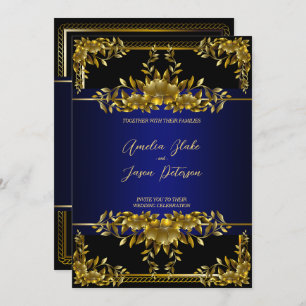 Luxurious Gold Carving Floral   Blue Black Invitation