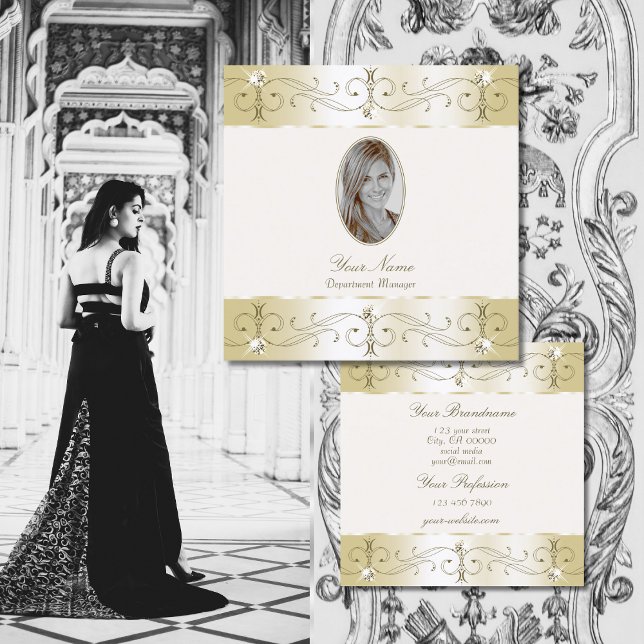 Luxurious Gold Cream Ornate Ornaments with Photo Square Business Card (Creator Uploaded)