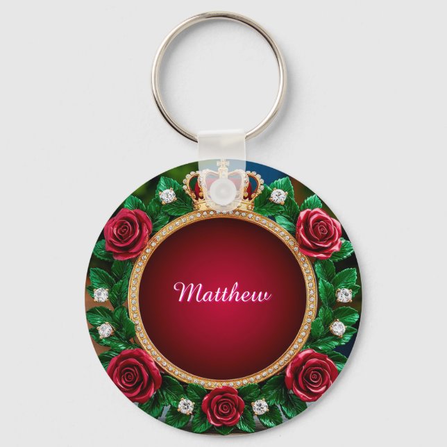 Luxurious Gold Crown Frame Adorned With Roses Key Ring (Front)