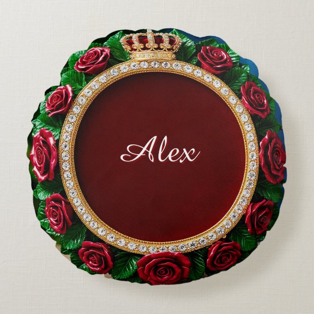 Luxurious Gold Crown Frame Adorned With Roses Round Cushion (Front)