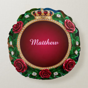 Luxurious Gold Crown Frame Adorned With Roses Round Cushion