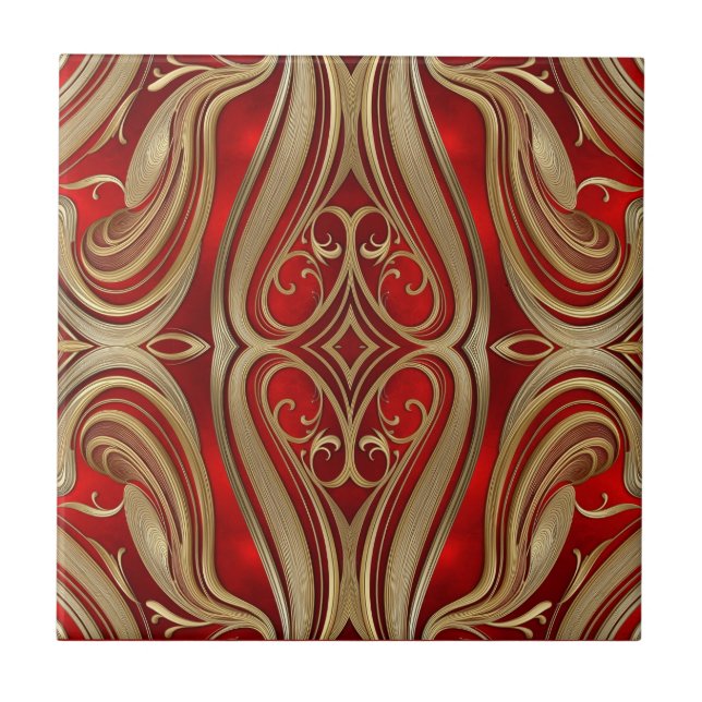 Luxurious Gold Diamond Motif on Red Pattern Tile (Front)