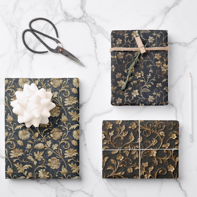Luxurious Gold-Embossed Floral Pattern Wrapping Paper Sheet (Front)