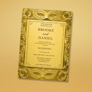 Luxurious Gold Embossed Masquerade Wedding Invitation