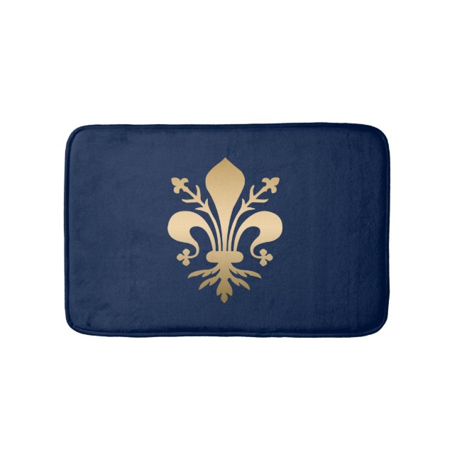 Luxurious Gold Fleur de Lis Navy Bath Mat (Front)