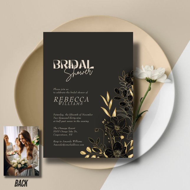 Luxurious Gold Floral 1 Photo Bridal Shower Invitation (Creator Uploaded)