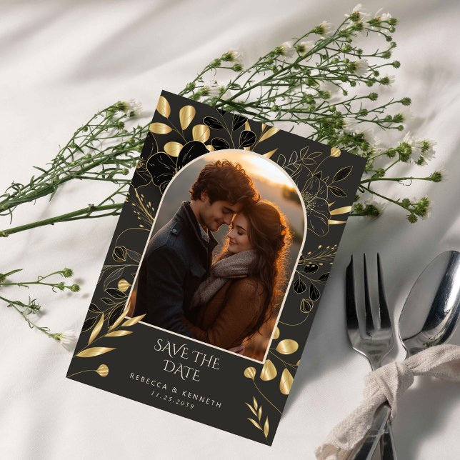 Luxurious Gold Floral Chic Two Photo Save The Date Invitation (Creator Uploaded)
