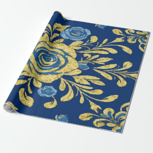 Luxurious Gold Floral Design on Deep Blue Backgrou Wrapping Paper