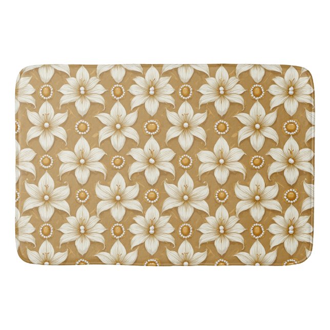 Luxurious Gold Floral Pattern With White Lily Moti Bath Mat (Front)