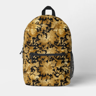 Luxurious Gold Floral Print On Black Background Printed Backpack