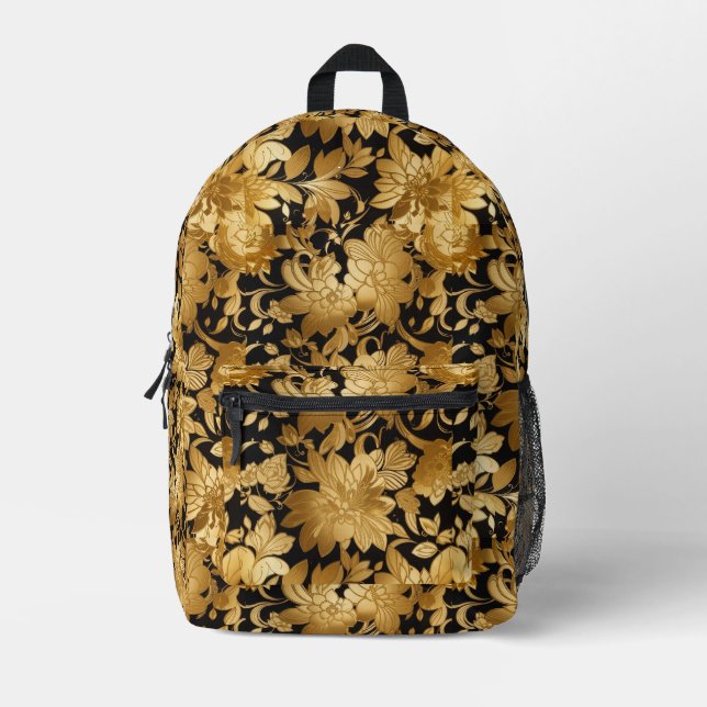 Luxurious Gold Floral Print On Black Background  Printed Backpack (Front)